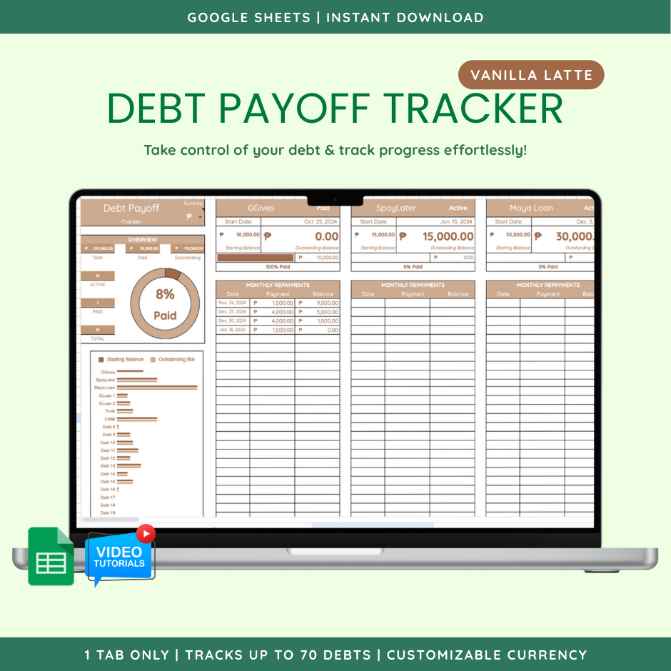 Debt Payoff Tracker (Google Sheet Template) — Vanilla Latte theme