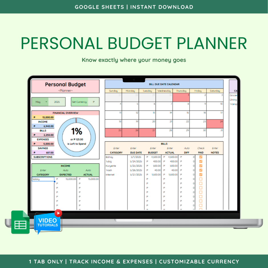 Personal Budget Planner (Google Sheet Template) — Pastel Grove theme
