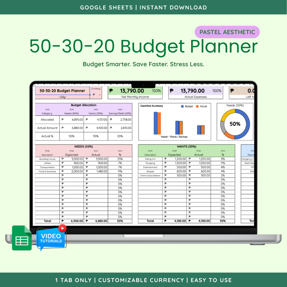 50-30-20 Budget Planner (Google Sheet Template) preview