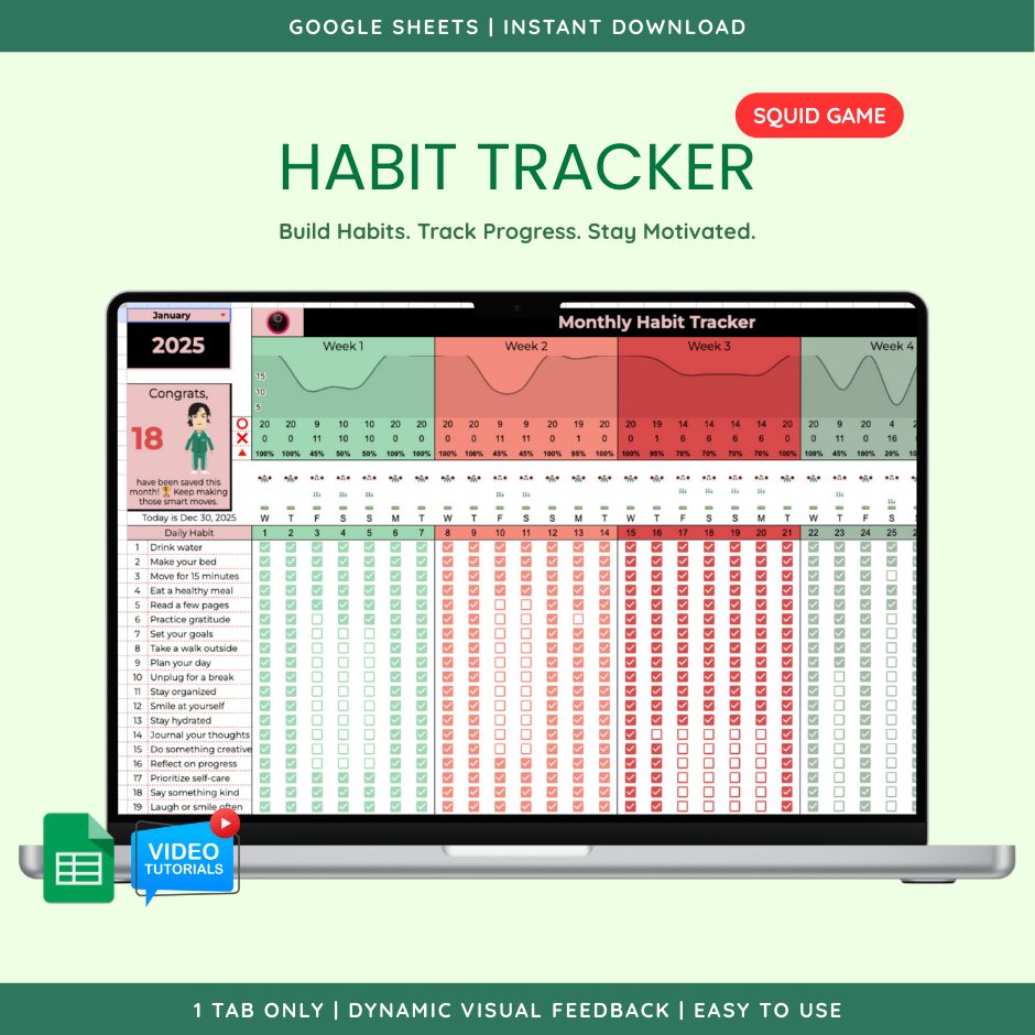 Habit Tracker (Google Sheet Template) — Squid Game theme
