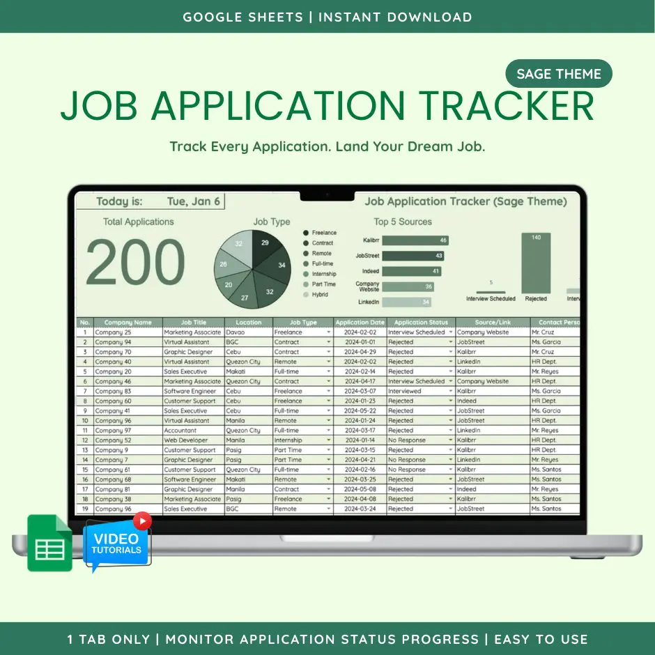 Job Application Tracker (Google Sheet Template) — Sage theme