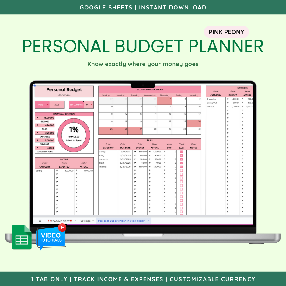 Personal Budget Planner (Google Sheet Template) — Pink Peony theme