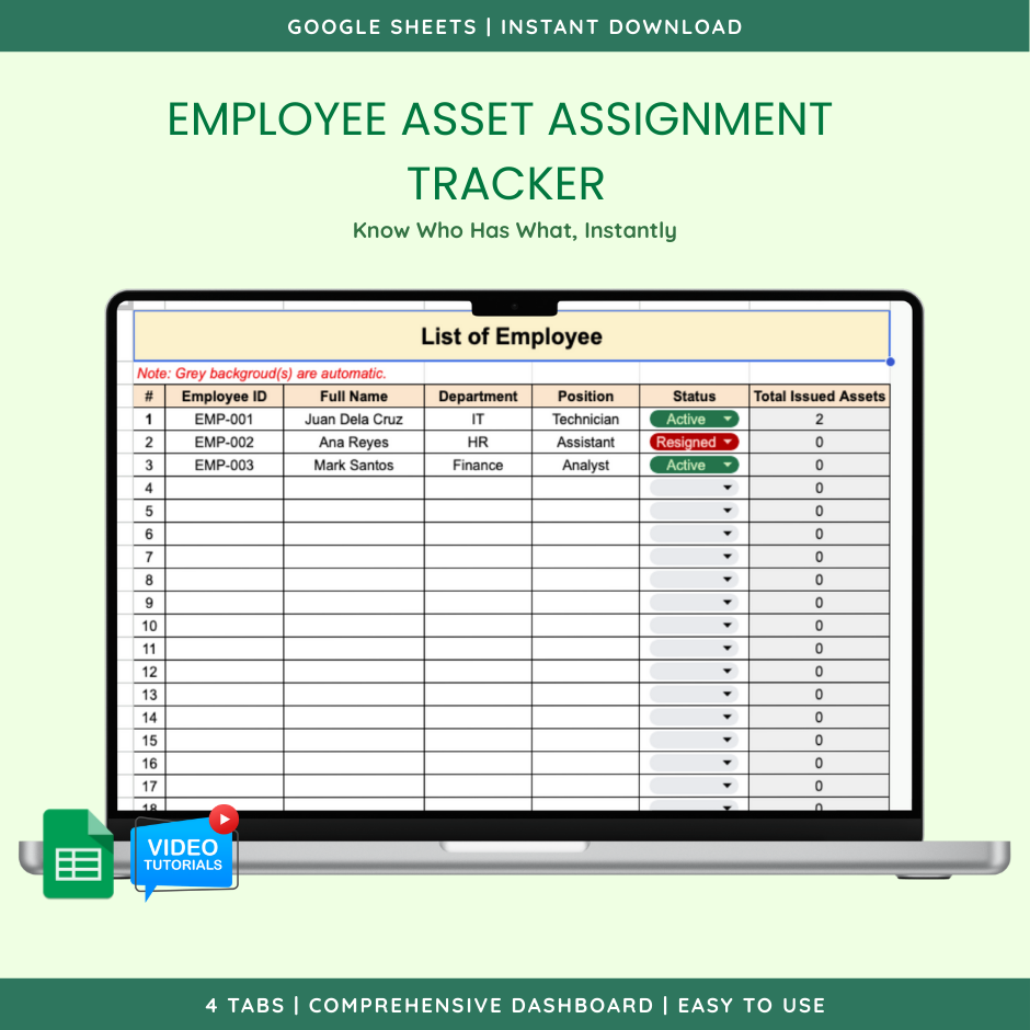 Employee Asset Assignment Tracker (Google Sheet Template) — view 1