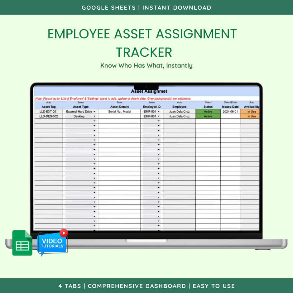 Employee Asset Assignment Tracker (Google Sheet Template) — view 2