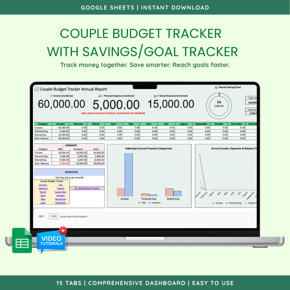 Couple Budget Tracker with Savings & Goals (Google Sheets Template) — view 1