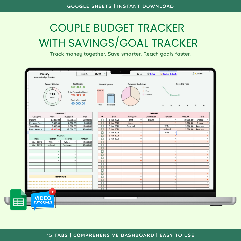 Couple Budget Tracker with Savings & Goals (Google Sheets Template) preview