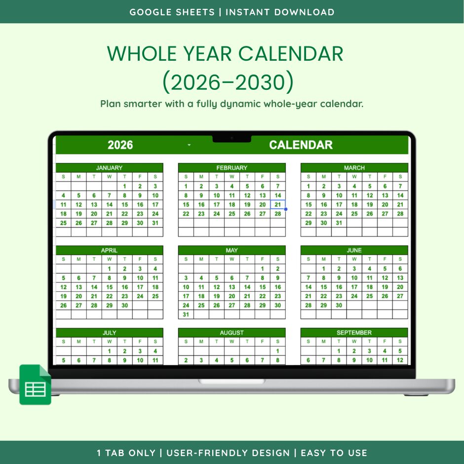 [FREE] WHOLE YEAR CALENDAR (2026–2030) (Google Sheets) preview