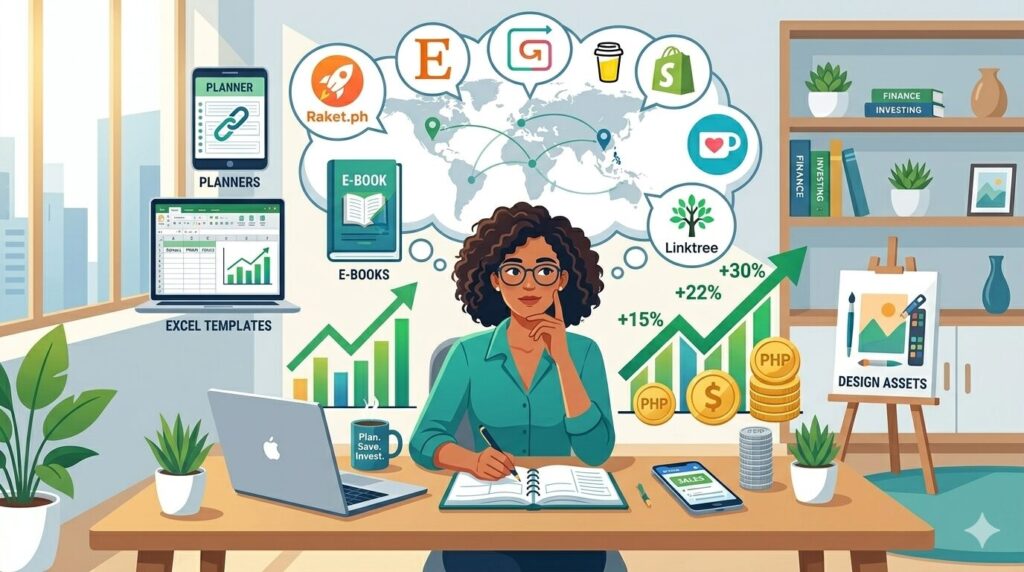 Illustration of a person at a creative workspace planning to sell digital products online, with icons for Raket.ph, Etsy, Gumroad, Shopify, Ko-fi, Buy Me a Coffee, Bio.site, and Linktree, plus charts, coins, and digital product visuals like Excel templates and e-books.
