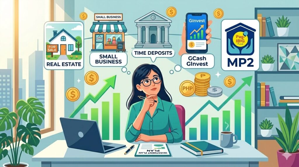 Woman contemplating investment options visually.