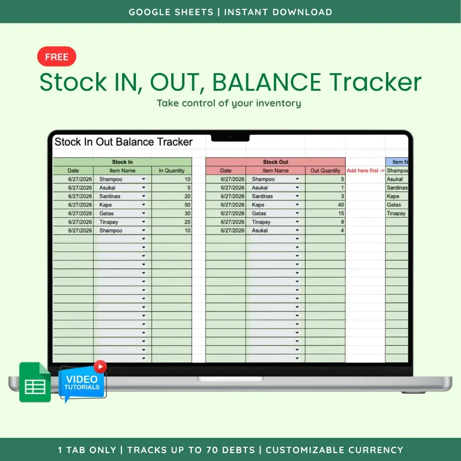 [FREE] Stock IN, OUT, BALANCE Tracker (Google Sheet Template) preview